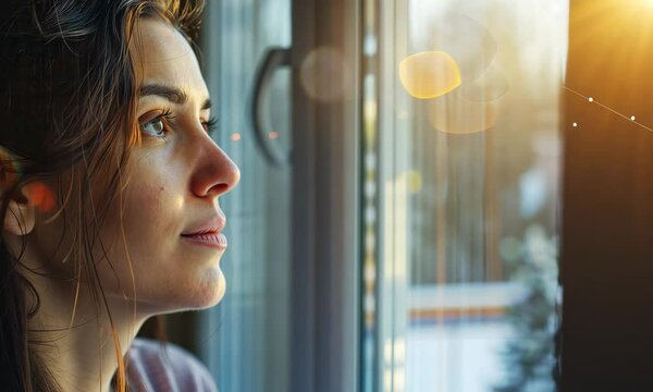 Close-up of a woman gazing out window with reflections, soft lighting, and thoughtful expression.