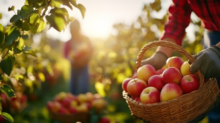 Two people harvesting ripe apples in a sunlit orchard, person in foreground holding a basket full of fresh apples while another works in the background.