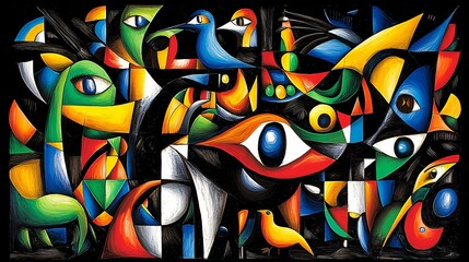 Abstract Colorful Composition with Birds and Eyes