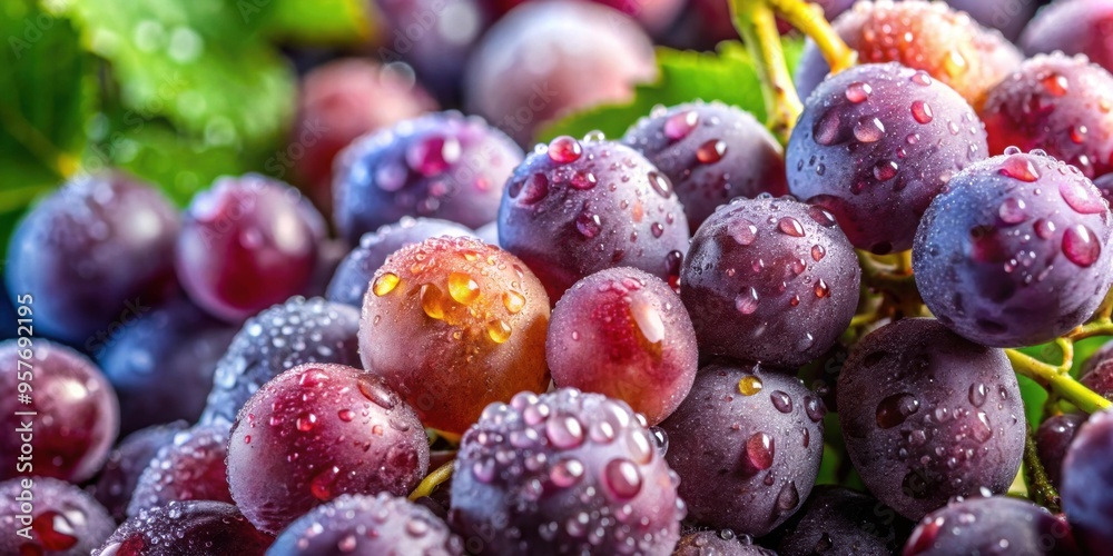 Poster Close-up of fresh grapes with water droplets, fruit, vine, harvest, organic, agriculture, ripe, juicy, healthy, nutrition