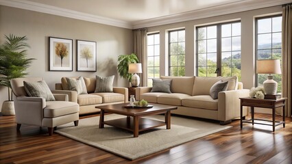 Fototapeta premium A spacious living room boasts a beige sofa, chair, and ottoman, complemented by a rich brown coffee table