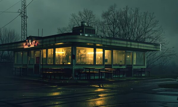 A dimly lit roadside diner at night shrouded in mist with neon signs glowing softly.