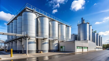 * A sprawling industrial complex houses a pet food manufacturing facility, dominated by towering storage tanks and