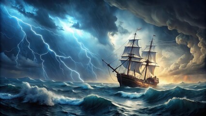 Ship in a storm at sea with lightning painting artwork, ship, sea, storm, lightning, painting, art, waves, ocean, dark, dramatic