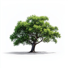Obraz premium A large oak tree with abundant green foliage, isolated on a white background, representing strength, longevity, and natural beauty.