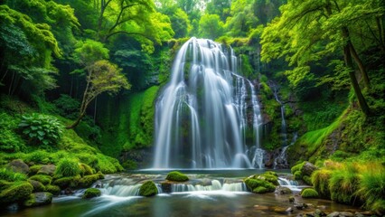Fototapeta premium A stunning waterfall cascading through a lush green forest, waterfall, forest, nature, scenery, landscape, tranquil