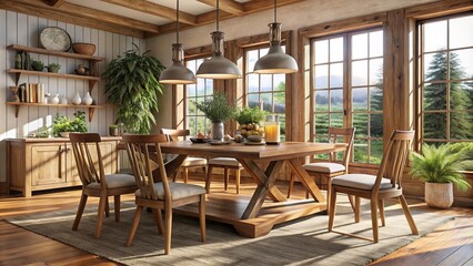Fototapeta premium A sturdy rustic wooden farmhouse dining table is the centerpiece of a cozy family gathering spot, complete with