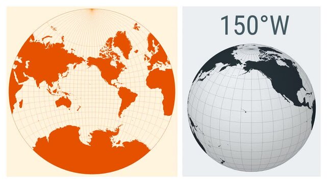 World Map Animation. Lagrange conformal projection. Solid color style. Animated world map in Lagrange projection. Loopable animation showing longitude shift and matching globe.