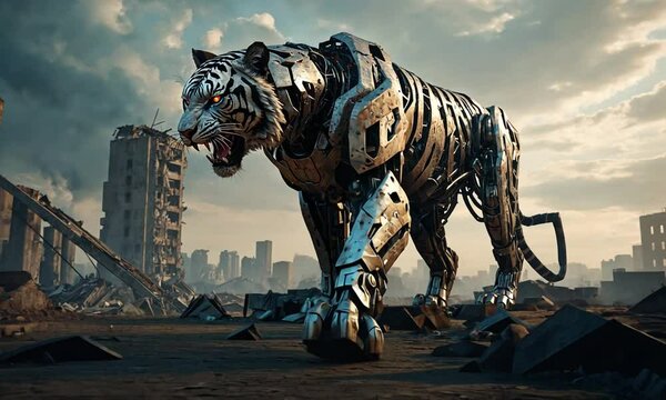 cyborg tiger in wasteland