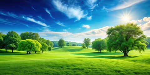 Green landscape background with lush trees, grass, and a clear blue sky, nature, outdoors, environment, foliage