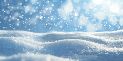 Naklejka premium A serene winter scene depicting fresh untouched snow with soft snowflakes falling gently against a bright blue sky, creating a peaceful and magical atmosphere reminiscent of a winter wonderland