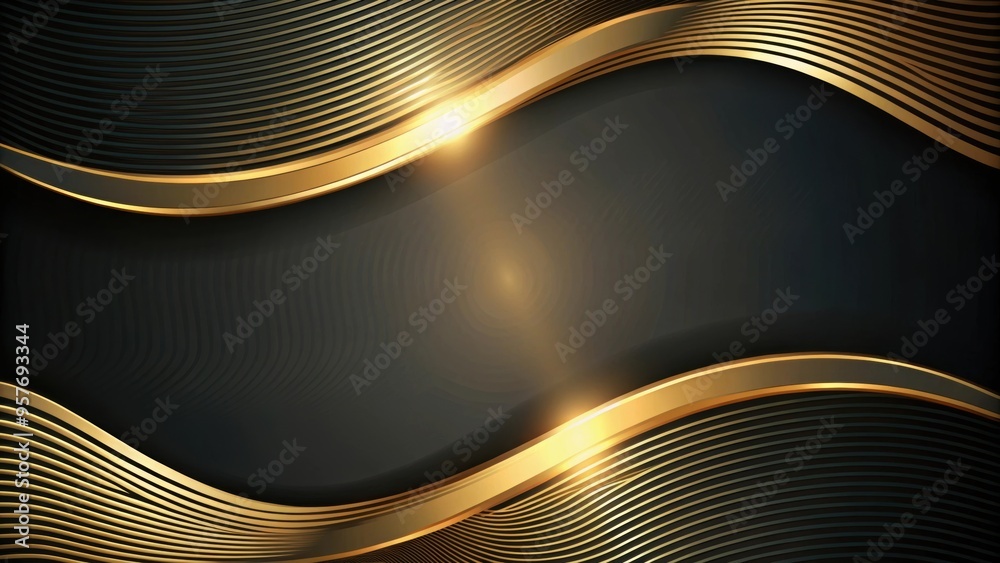 Wall mural Black and gold background with elegant wavy lines, Black, gold, background, abstract, waves, elegant, luxurious, design