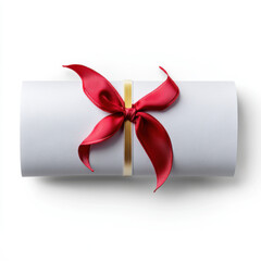 Close-up of a rolled white certificate tied with a vibrant red ribbon bow, symbolizing achievement and celebration.