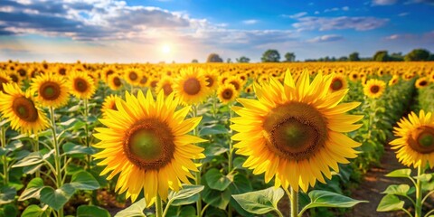 Fototapeta premium Vibrant yellow sunflower field in full bloom during a sunny summer day, sunflower, field, yellow, agriculture, nature, bloom