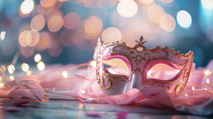 Pink and gold masquerade mask on a pink fabric with bokeh lights in the background.