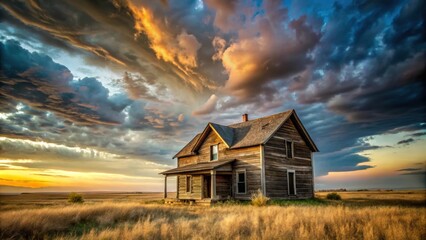 Rustic house nestled under a dynamic sky, countryside, rural, home, architecture, weather, clouds, summer, tranquil