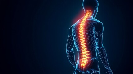 3D illustration of human spine with highlighted point of pain in a dark blue background, symbolizing back pain and spine issues.