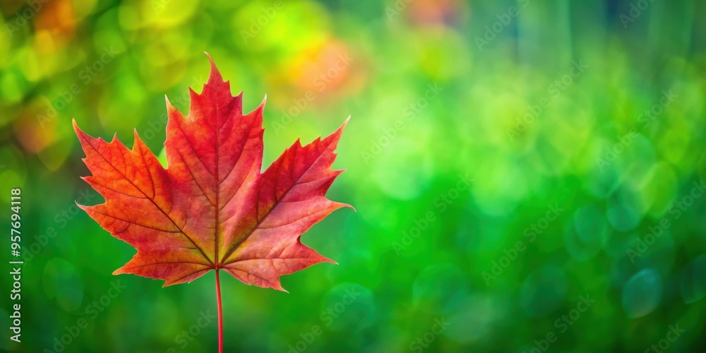 Canvas Prints Red maple leaf standing out on a vibrant green background, autumn, fall, contrast, nature, foliage, seasonal, vibrant, colorful