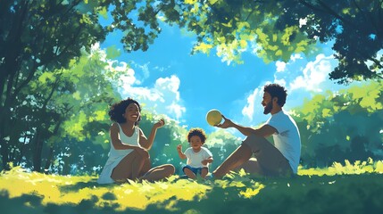 A father and mother play football with their small child