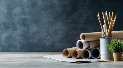 Rolled architectural blueprints placed on a desk, accompanied by pencils and a small plant, suggesting a creative workspace.