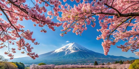 Cherry blossoms blooming in spring with Fiji mountain and volcano in background, cherry blossom, spring, Fiji, mountain
