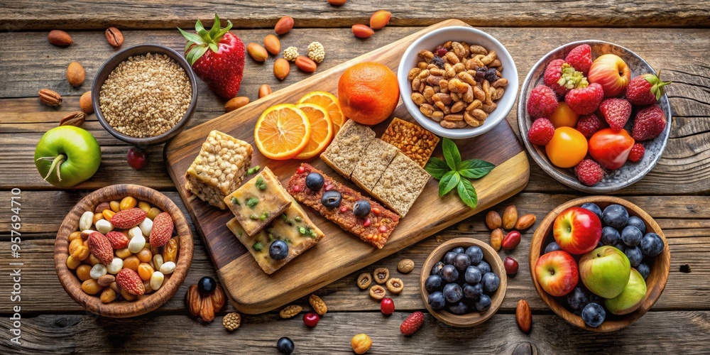 Sticker Assorted healthy snacks displayed on a rustic wooden board with a variety of fresh fruits, nuts, seeds, and homemade energy bars