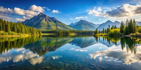 Fototapeta premium Tranquil mountain lake reflecting peaceful surroundings, mountain, lake, reflection, serene, calm, peaceful, scenery, nature