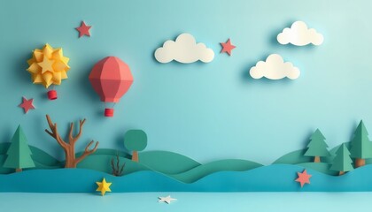 Papercraft hot air balloon and clouds on a blue background.