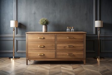 A wooden dresser with gold handles dominates the gray walls of an empty room, its classic design radiating
