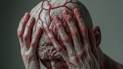 Fototapeta premium Close-up of a person holding their head with prominent red veins, conveying intense emotion or pain.