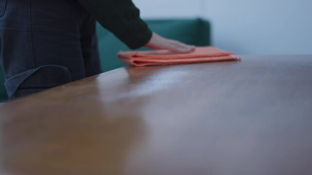 Mujer pasando un trapo naranja sobre un mueble de madera. Limpiar, limpieza. Trapo. Hogar. Servicio de limpieza. Footage de limpieza. 
