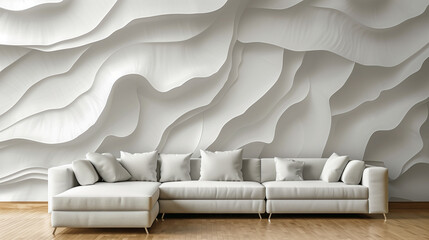 Modern living room with a sofa and a wall featuring a large, abstract 3D sculpture. home interior...