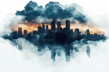 Modern cityscape reflected in clouds at sunset