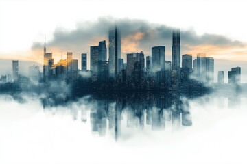 Fototapeta premium Modern city skyline emerging from fog at sunset reflecting on water
