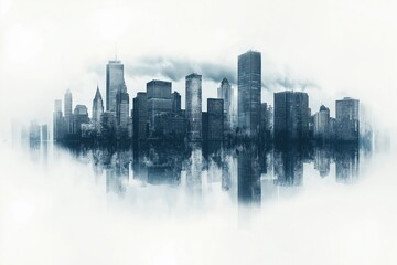 Modern city skyline reflected in water with clouds above