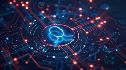 A glowing head with headphones icon in a circuit board, representing a futuristic and technology-driven concept.