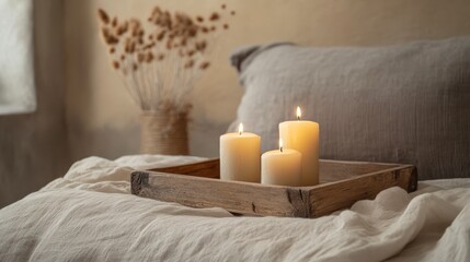 Cozy Home Vibes - Wooden Tray with Candles Adding Warmth and Serenity