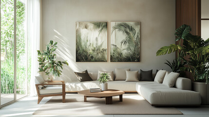 A bright, modern living room with large wall art, white furniture, wooden elements, and live plants that add a fresh touch to the space