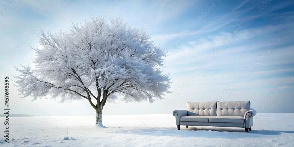 Poster Surreal winter scene featuring a lone couch and tree covered in snow, Surreal, winter, scene, couch, tree, lone, snow, white