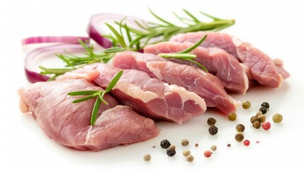 Fototapeta premium Raw chicken breast fillets arranged on a white background with fresh parsley.