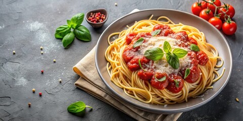 Classic Italian pasta dish topped with flavorful tomato sauce, fresh basil, and Parmesan cheese, traditional, Italian