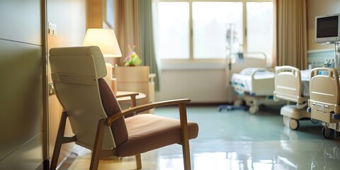 Patient room interior with a focus on a comfortable chair and reading lamp, promoting relaxation