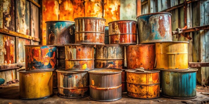 Old rusted paint cans stacked in a messy garage , household hazardous waste, HHW, paint containers, storage, clutter, metal