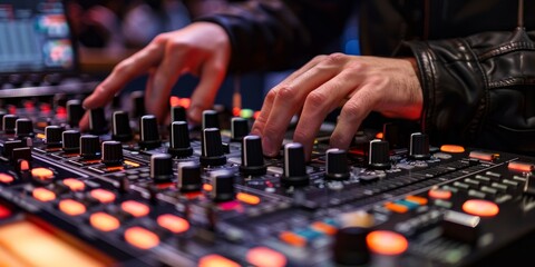 Fototapeta premium DJ mixing console with hands adjusting sliders for perfect sound