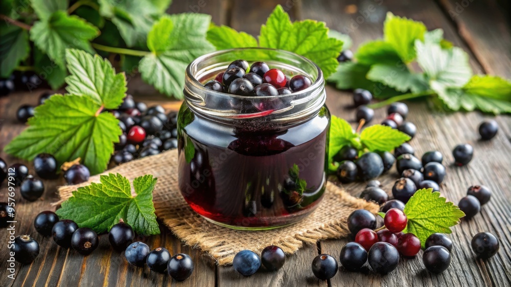 Sticker Black currant jam jar surrounded by fresh berries and leaves , black currant, jam, jar, fresh, berries, leaves, background