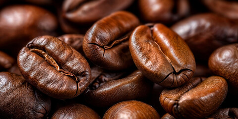 Roasted coffee beans close-up background.