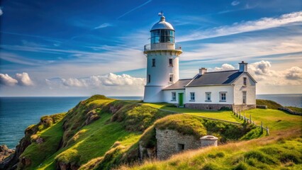 Circa 1800s lighthouse standing tall on Caldey Island, Wales , historic, architecture, maritime, navigation, coastal, landmark