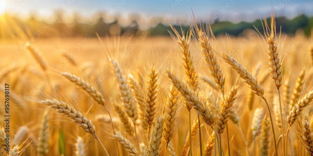 Poster First spikelets of wheat swaying in the wind on a rural farm field, agriculture, crop, harvest, wheat, spikelets, windy