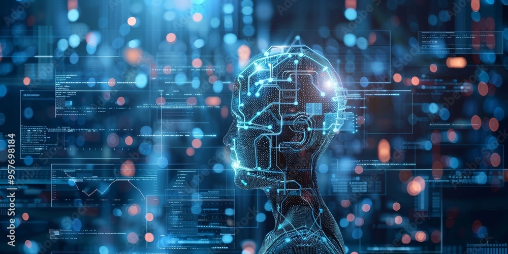 Poster Futuristic machine learning concept with abstract digital data processing on a technological background