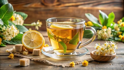 Glass cup of herbal tea with lemon slices, tea bags, linden flowers, and sugar cubes, hot beverage, drink